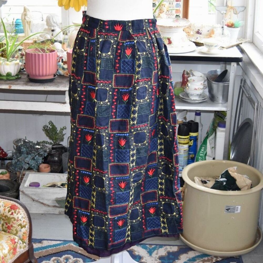 Vintage 90s Cloak of Many Colors Linen Midi Skirt Folk Art Tulip Print M